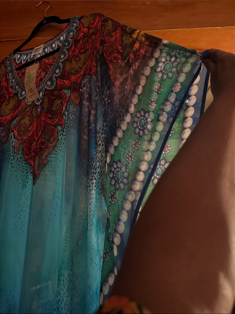 Vibrant Blue Green Sheer Embellished Kaftan - Picture 4 of 4